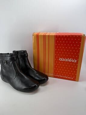 Azaleia Force Black Leather Ankle Boots Women's Size 10M Side Zip Comfort
